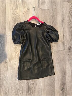 GAP Black Faux Leather Puff Sleeve Dress